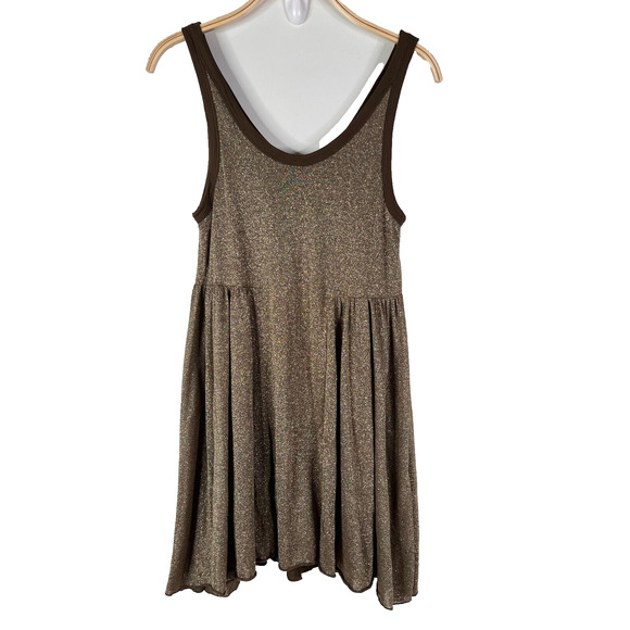 Free People Beach Dress Size M Shimmery Gold Brown Trim Tank - Picture 1 of 6